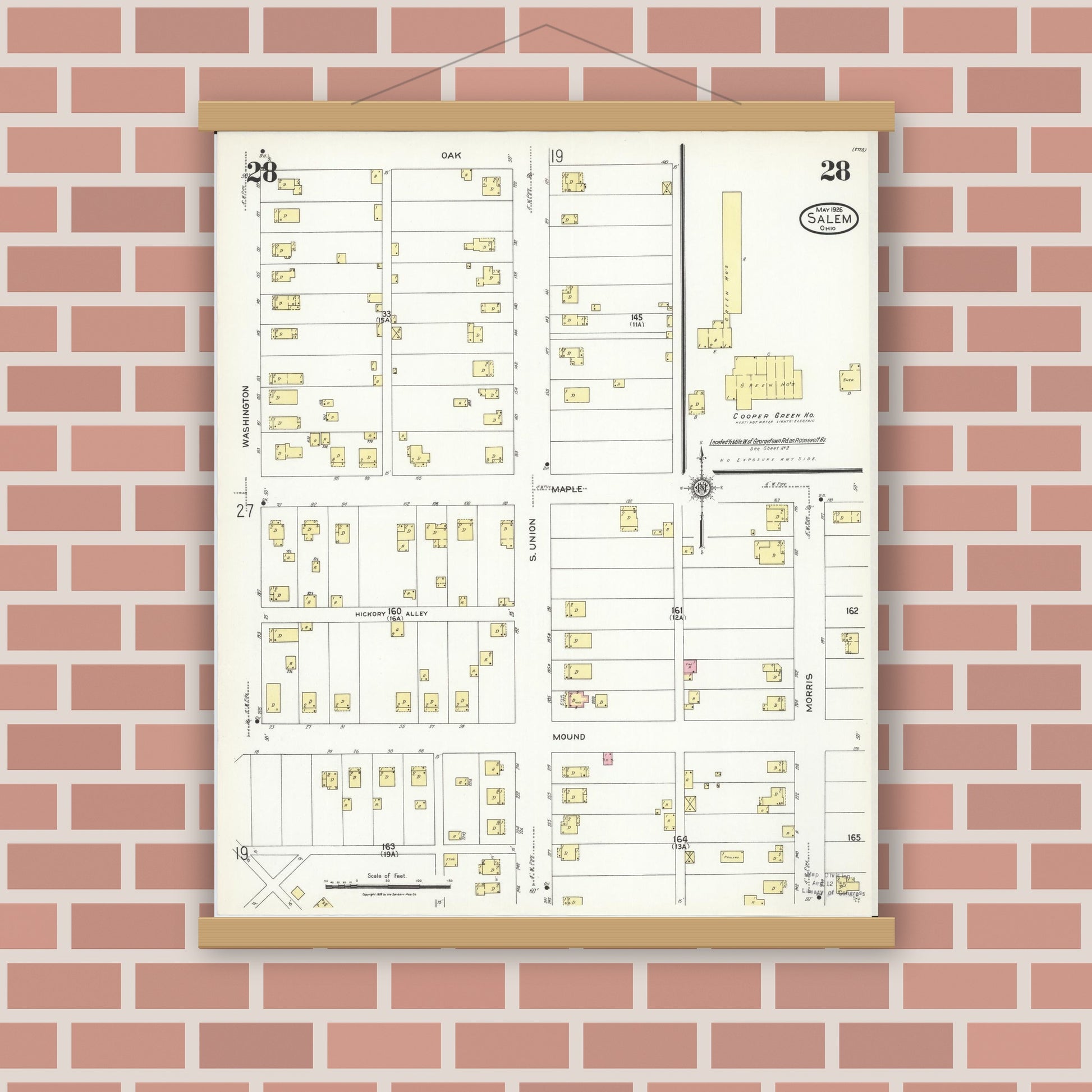 Old map wall art mockup — magnetic wood frame on brick wall — Sanborn Fire Insurance Map from Salem, Columbiana County, Ohio (1926), Sheet #0028