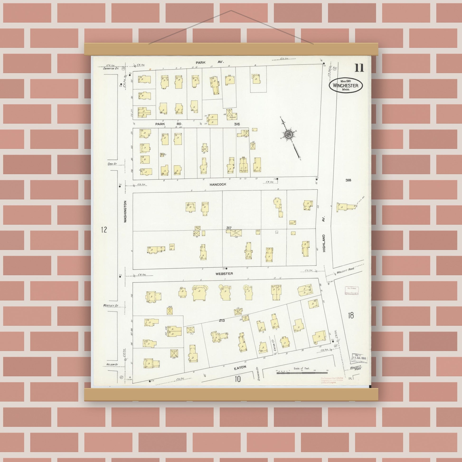Old map wall art mockup — magnetic wood frame on brick wall — Sanborn Fire Insurance Map from Winchester, Middlesex County, Massachusetts (1910), Sheet #0011