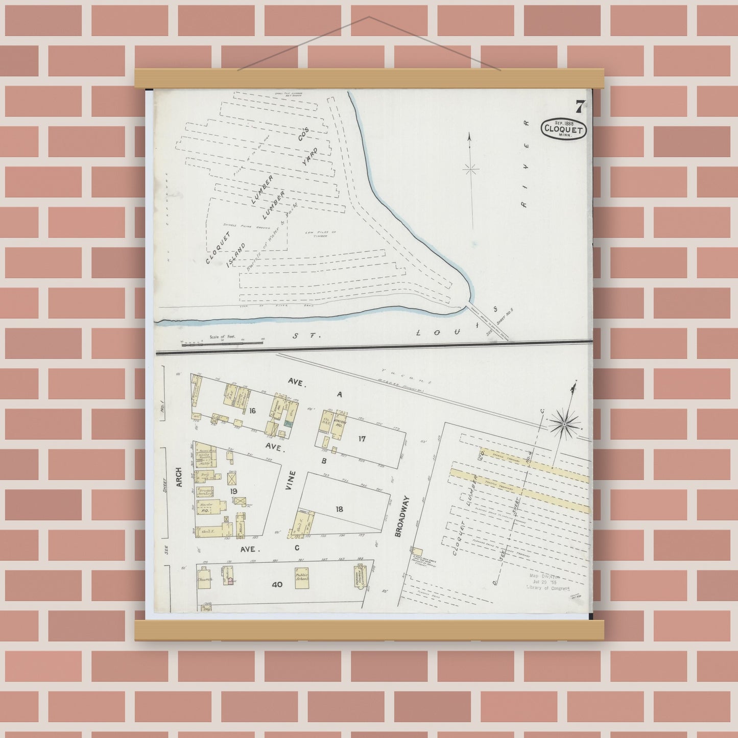 Old map wall art mockup — magnetic wood frame on brick wall — Sanborn Fire Insurance Map from Cloquet, Carlton County, Minnesota (1888), Sheet #0007