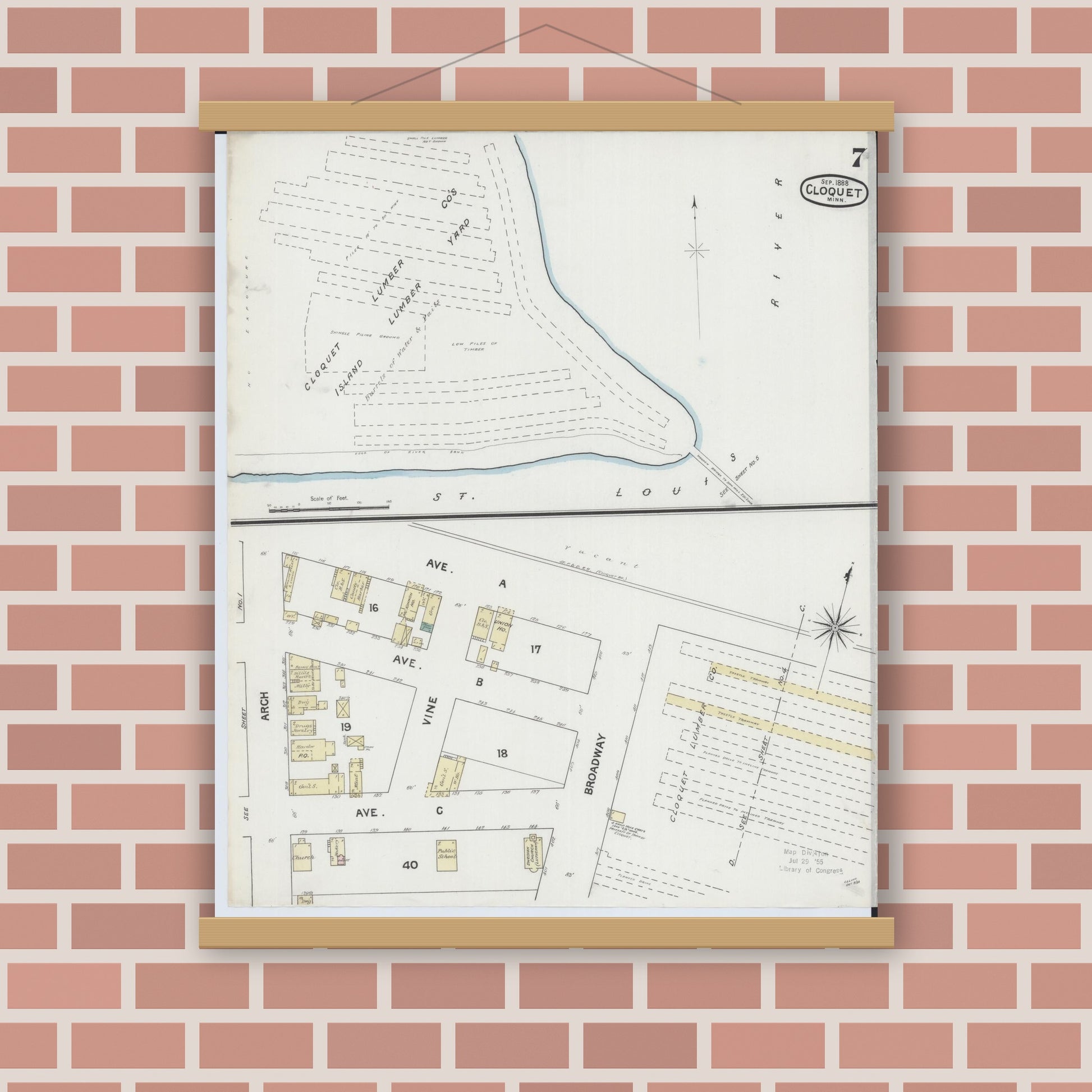 Old map wall art mockup — magnetic wood frame on brick wall — Sanborn Fire Insurance Map from Cloquet, Carlton County, Minnesota (1888), Sheet #0007