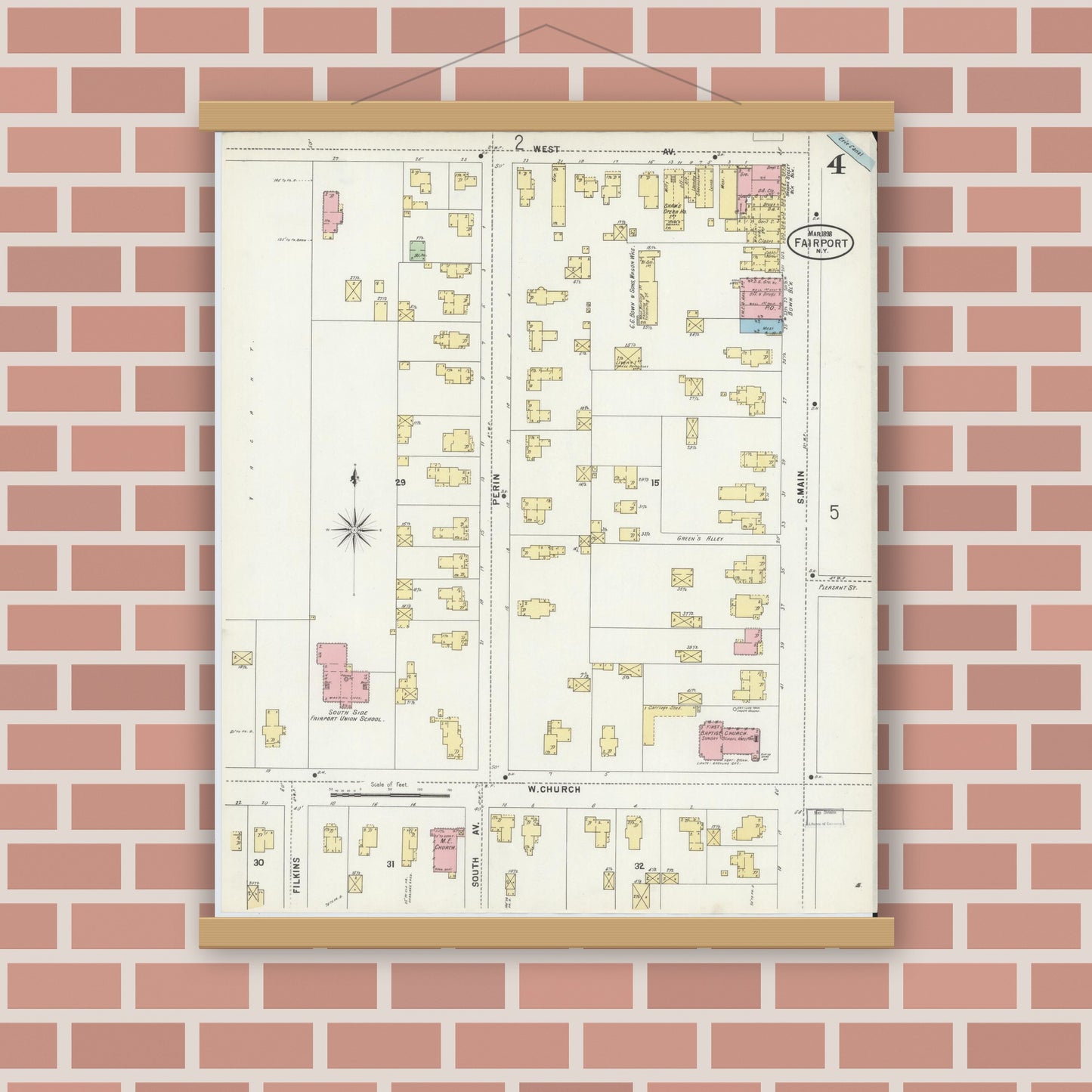 Old map wall art mockup — magnetic wood frame on brick wall — Sanborn Fire Insurance Map from Fairport, Monroe County, New York (1898), Sheet #0004