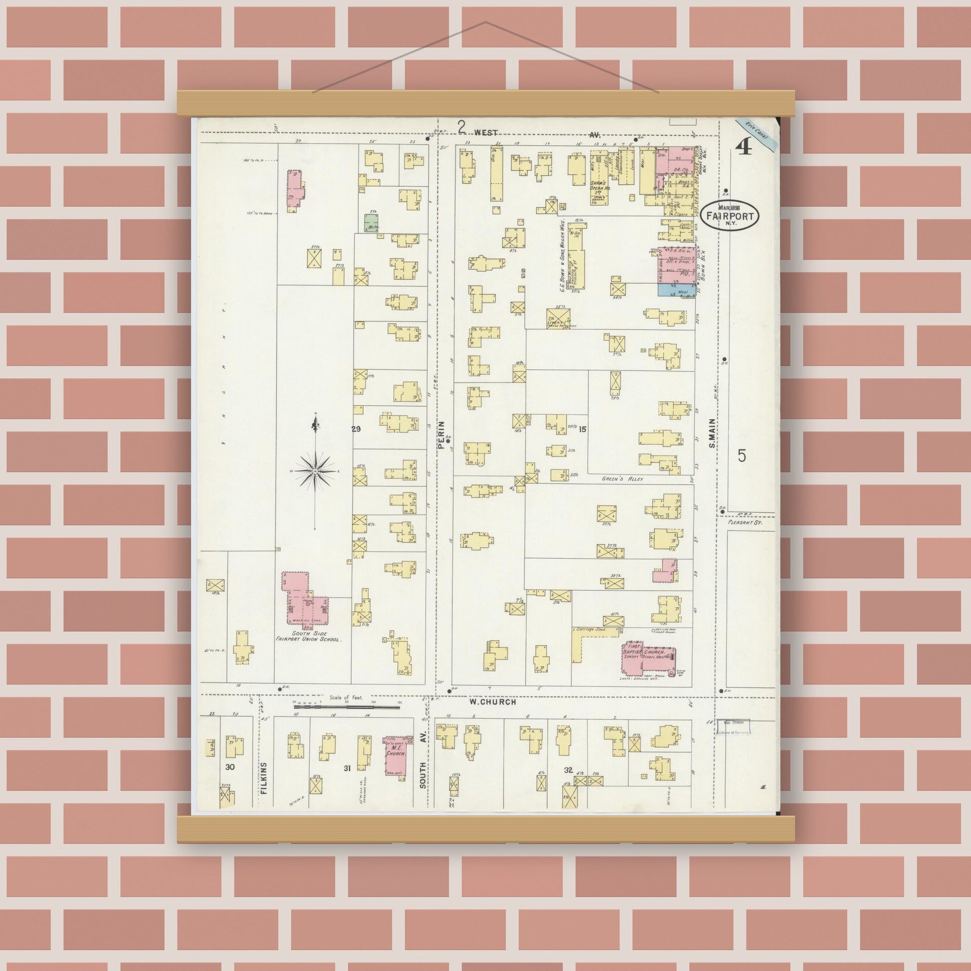 Old map wall art mockup — magnetic wood frame on brick wall — Sanborn Fire Insurance Map from Fairport, Monroe County, New York (1898), Sheet #0004