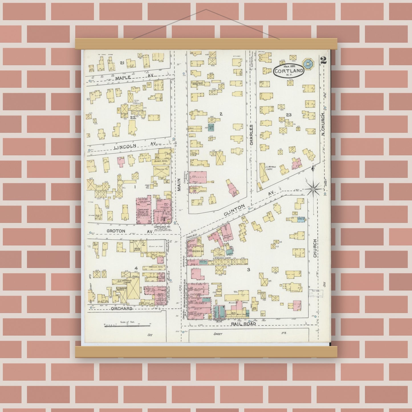 Old map wall art mockup — magnetic wood frame on brick wall — Sanborn Fire Insurance Map from Cortland, Cortland County, New York (1892), Sheet #0002