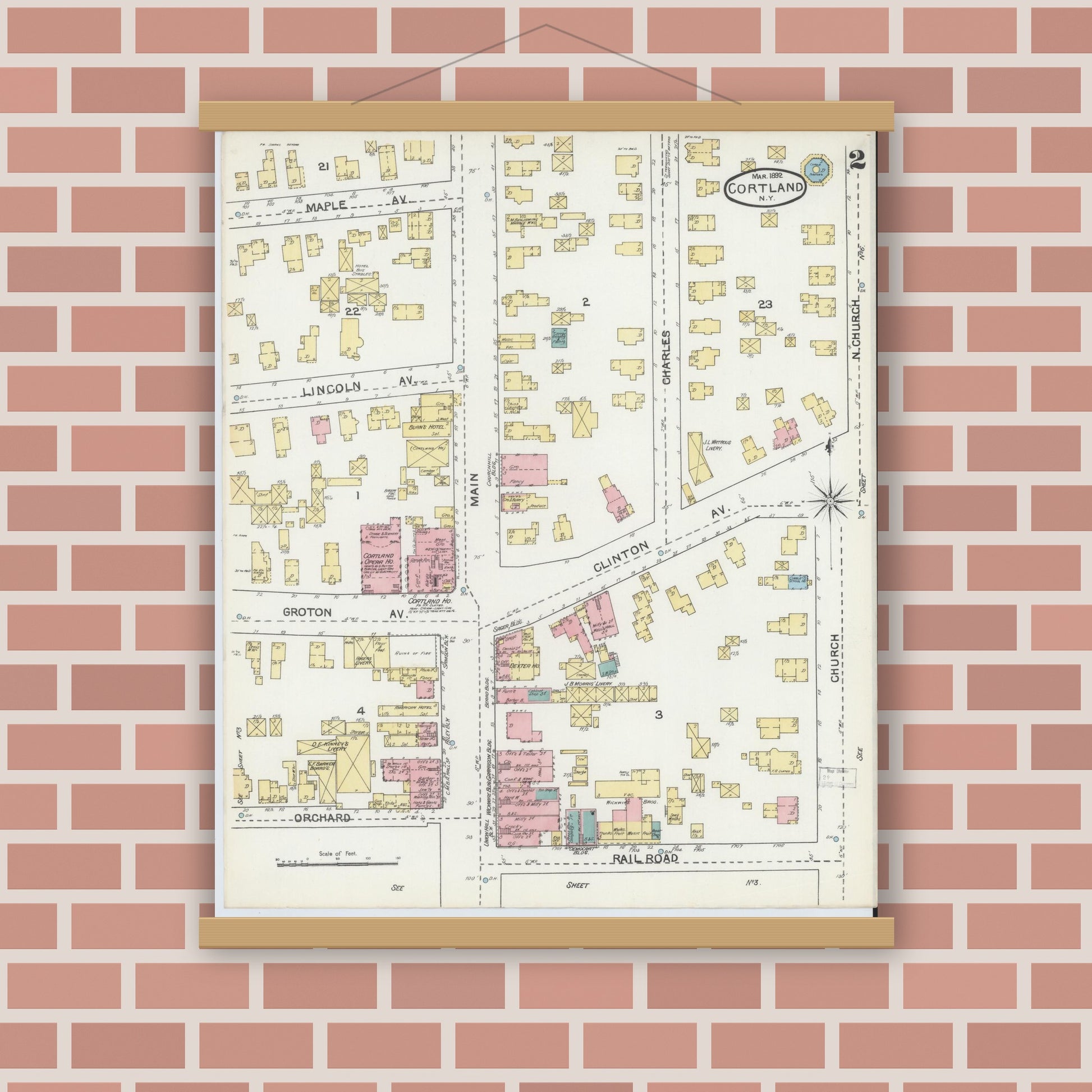 Old map wall art mockup — magnetic wood frame on brick wall — Sanborn Fire Insurance Map from Cortland, Cortland County, New York (1892), Sheet #0002