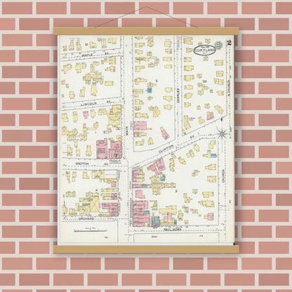 Old map wall art mockup — magnetic wood frame on brick wall — Sanborn Fire Insurance Map from Cortland, Cortland County, New York (1892), Sheet #0002