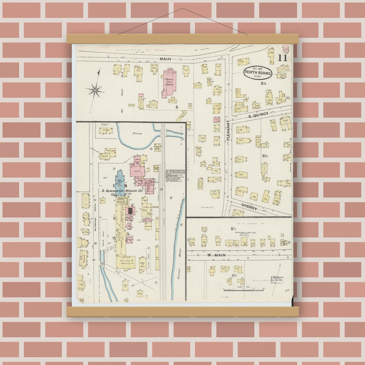 Old map wall art mockup — magnetic wood frame on brick wall — Sanborn Fire Insurance Map from North Adams, Berkshire County, Massachusetts (1888), Sheet #0011