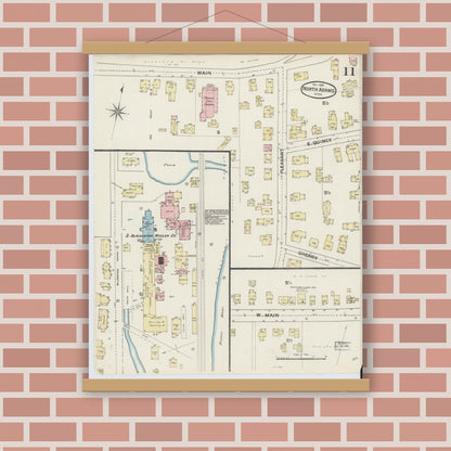 Old map wall art mockup — magnetic wood frame on brick wall — Sanborn Fire Insurance Map from North Adams, Berkshire County, Massachusetts (1888), Sheet #0011