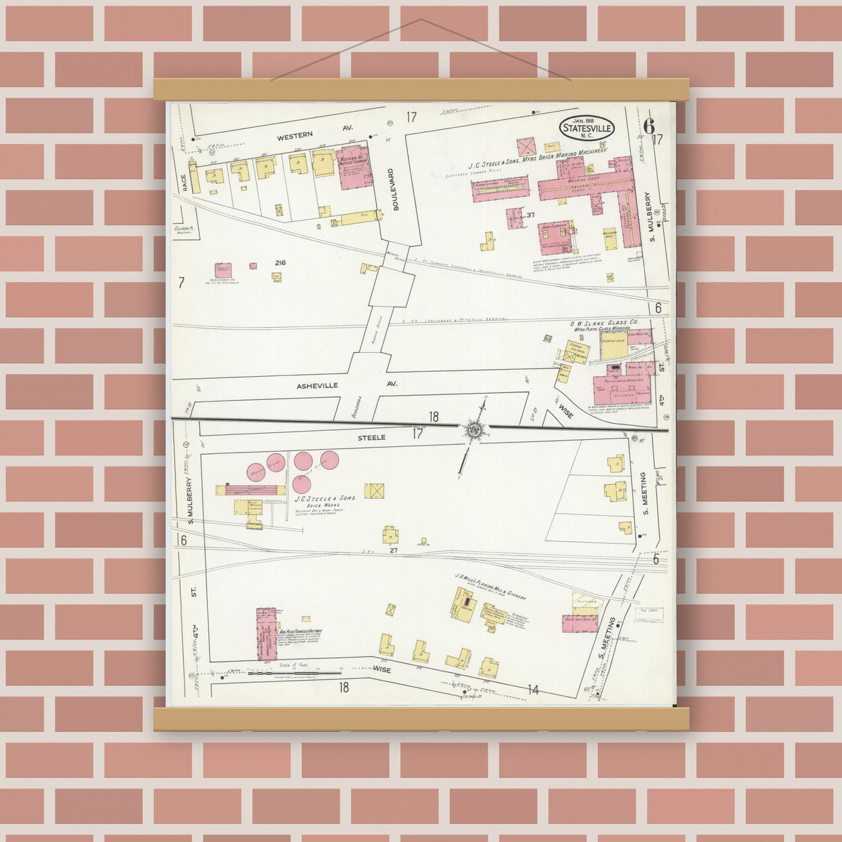 Old map wall art mockup — magnetic wood frame on brick wall — Sanborn Fire Insurance Map from Statesville, Iredell County, North Carolina (1918), Sheet #0006