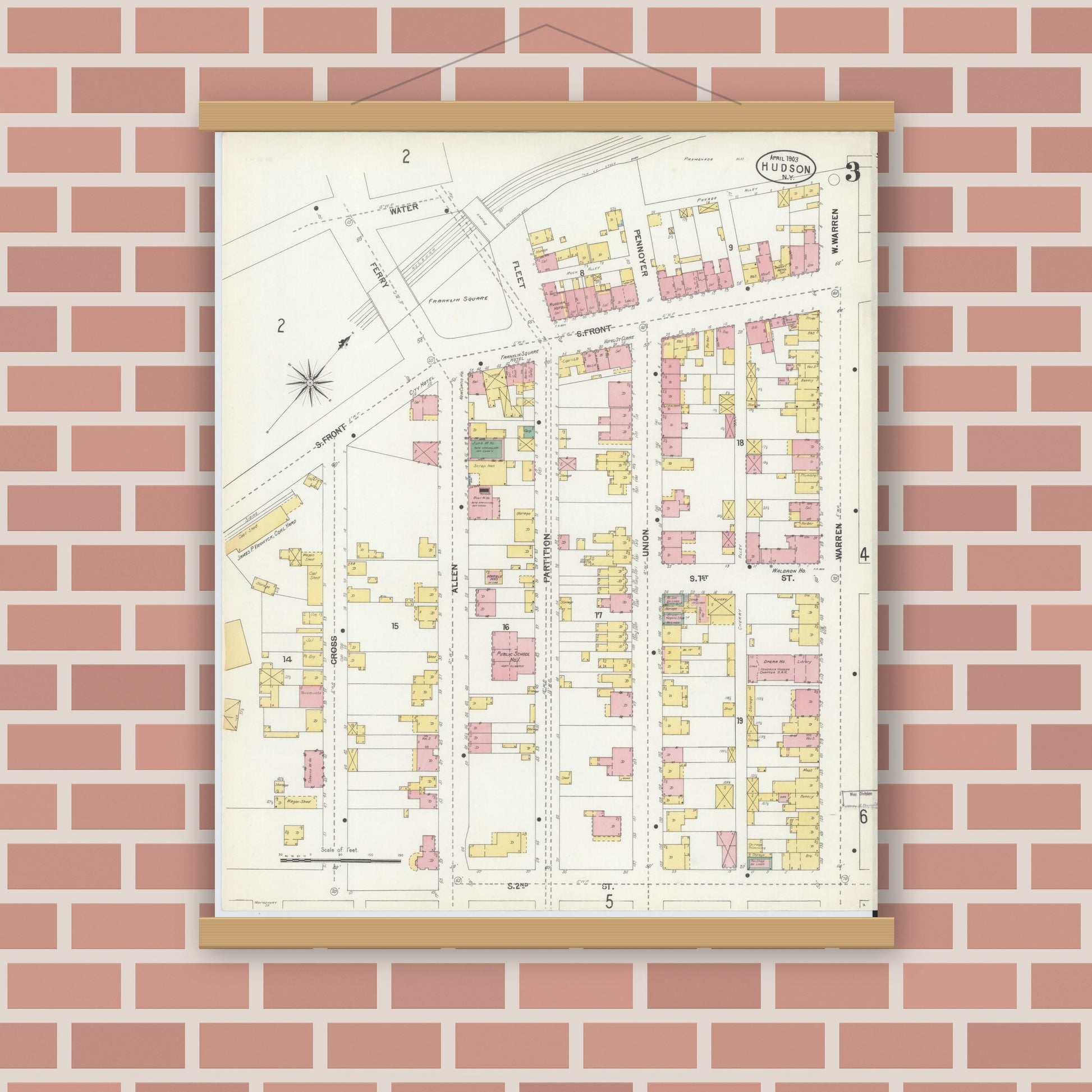 Old map wall art mockup — magnetic wood frame on brick wall — Sanborn Fire Insurance Map from Hudson, Columbia County, New York (1903), Sheet #0003