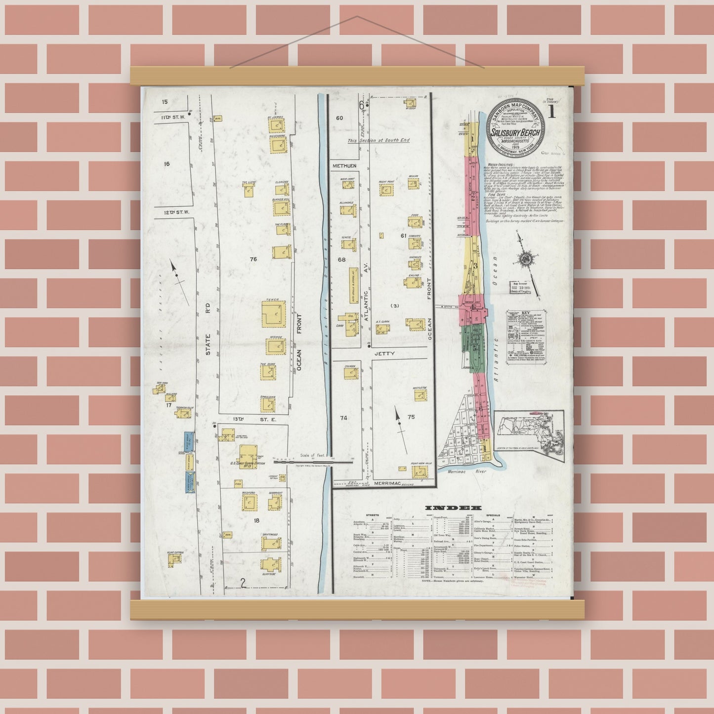 Old map wall art mockup — magnetic wood frame on brick wall — Sanborn Fire Insurance Map from Salisbury, Essex County, Massachusetts (1919), Sheet #0001