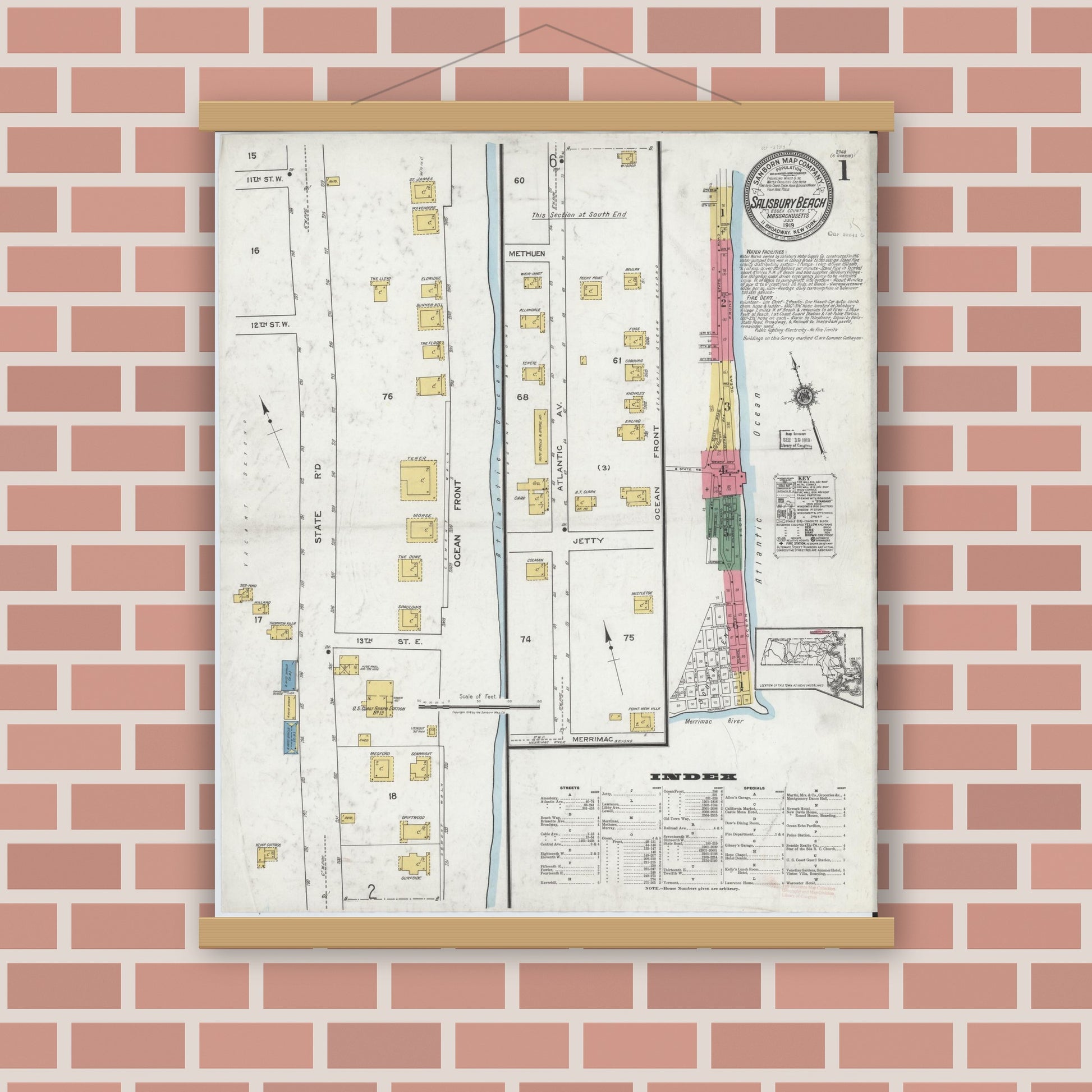 Old map wall art mockup — magnetic wood frame on brick wall — Sanborn Fire Insurance Map from Salisbury, Essex County, Massachusetts (1919), Sheet #0001