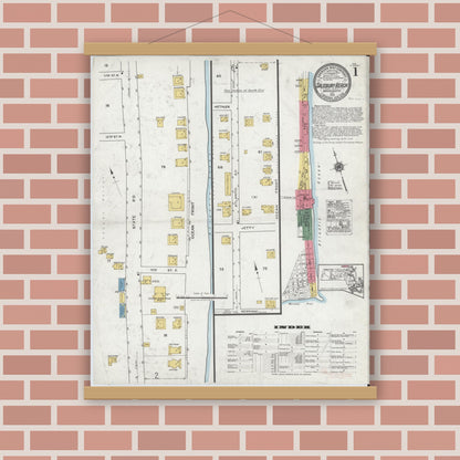 Old map wall art mockup — magnetic wood frame on brick wall — Sanborn Fire Insurance Map from Salisbury, Essex County, Massachusetts (1919), Sheet #0001