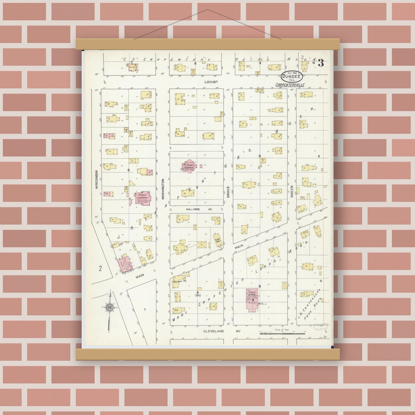 Old map wall art mockup — magnetic wood frame on brick wall — Sanborn Fire Insurance Map from Dundee, Kane County, Illinois (1912), Sheet #0003