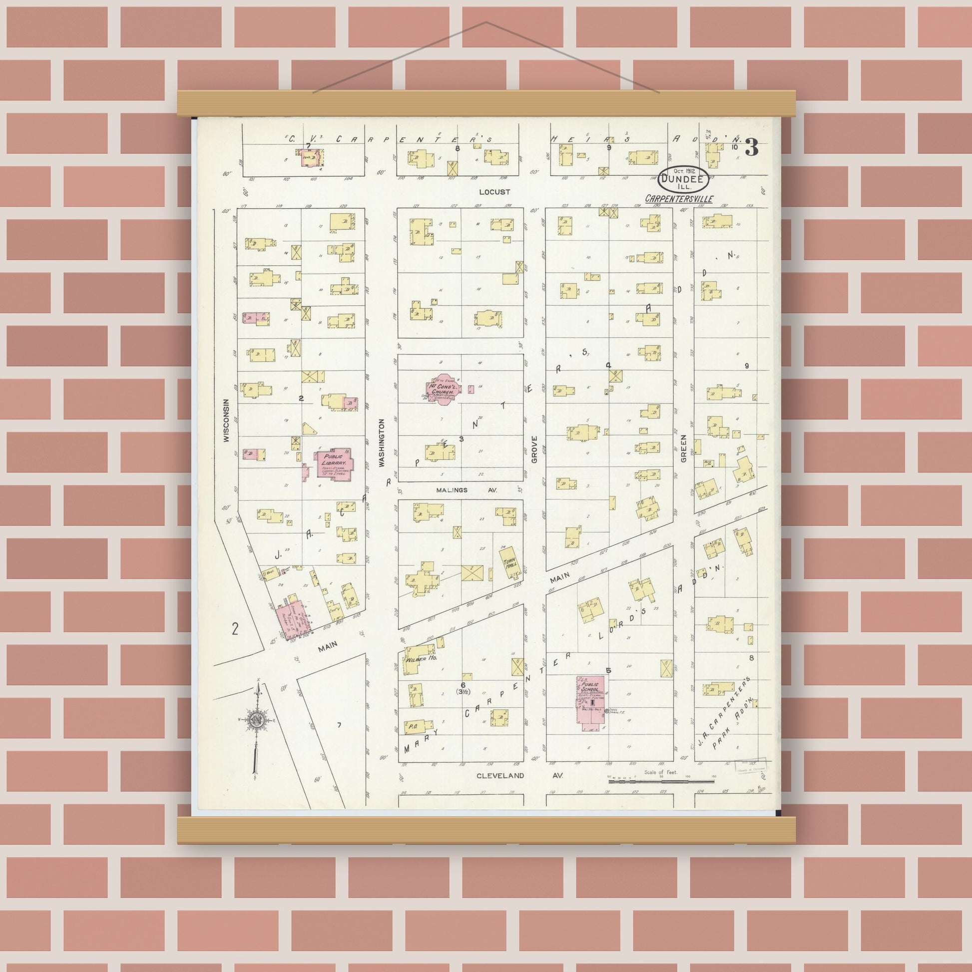 Old map wall art mockup — magnetic wood frame on brick wall — Sanborn Fire Insurance Map from Dundee, Kane County, Illinois (1912), Sheet #0003