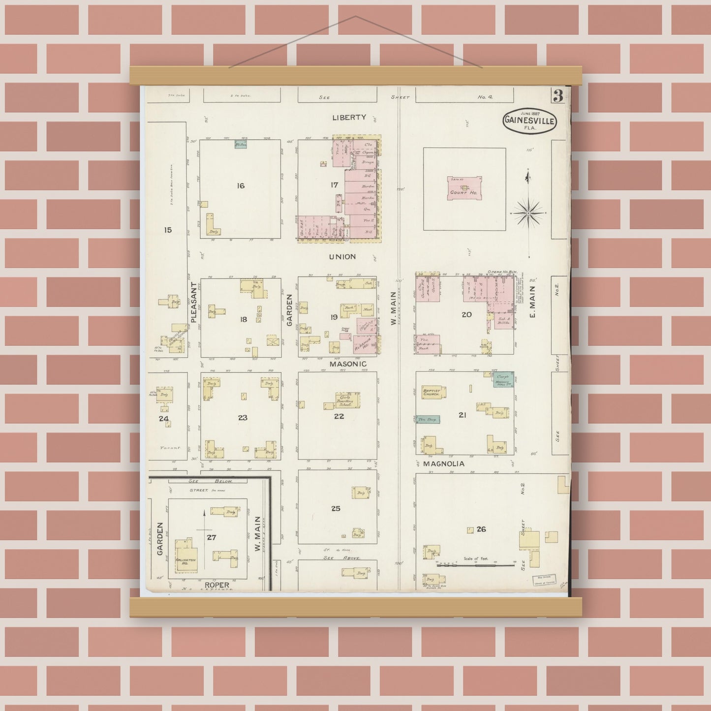 Old map wall art mockup — magnetic wood frame on brick wall — Sanborn Fire Insurance Map from Gainesville, Alachua County, Florida (1887), Sheet #0003