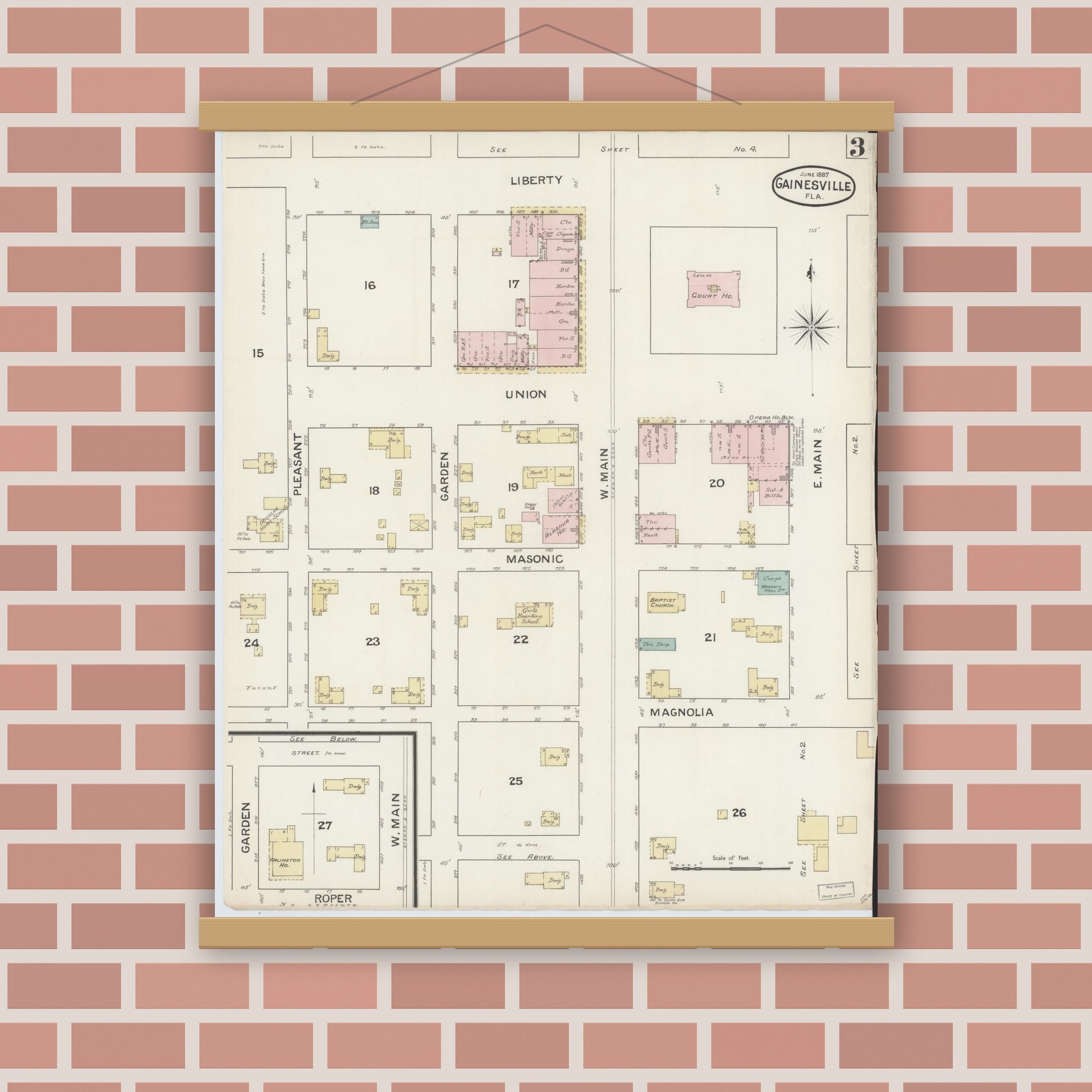 Old map wall art mockup — magnetic wood frame on brick wall — Sanborn Fire Insurance Map from Gainesville, Alachua County, Florida (1887), Sheet #0003