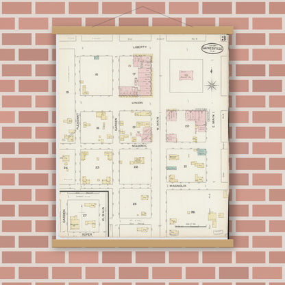 Old map wall art mockup — magnetic wood frame on brick wall — Sanborn Fire Insurance Map from Gainesville, Alachua County, Florida (1887), Sheet #0003