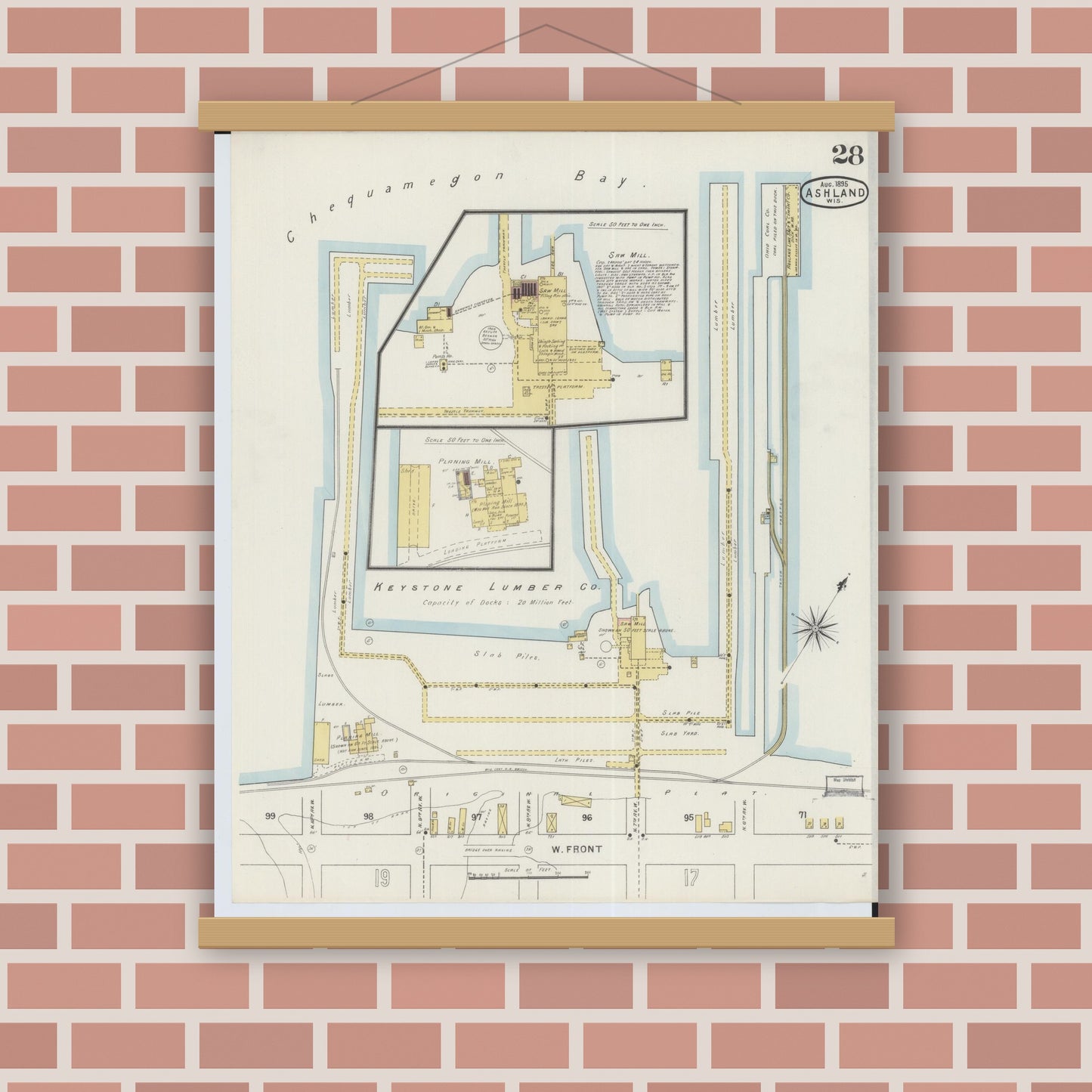 Old map wall art mockup — magnetic wood frame on brick wall — Sanborn Fire Insurance Map from Ashland, Ashland County, Wisconsin (1895), Sheet #0028