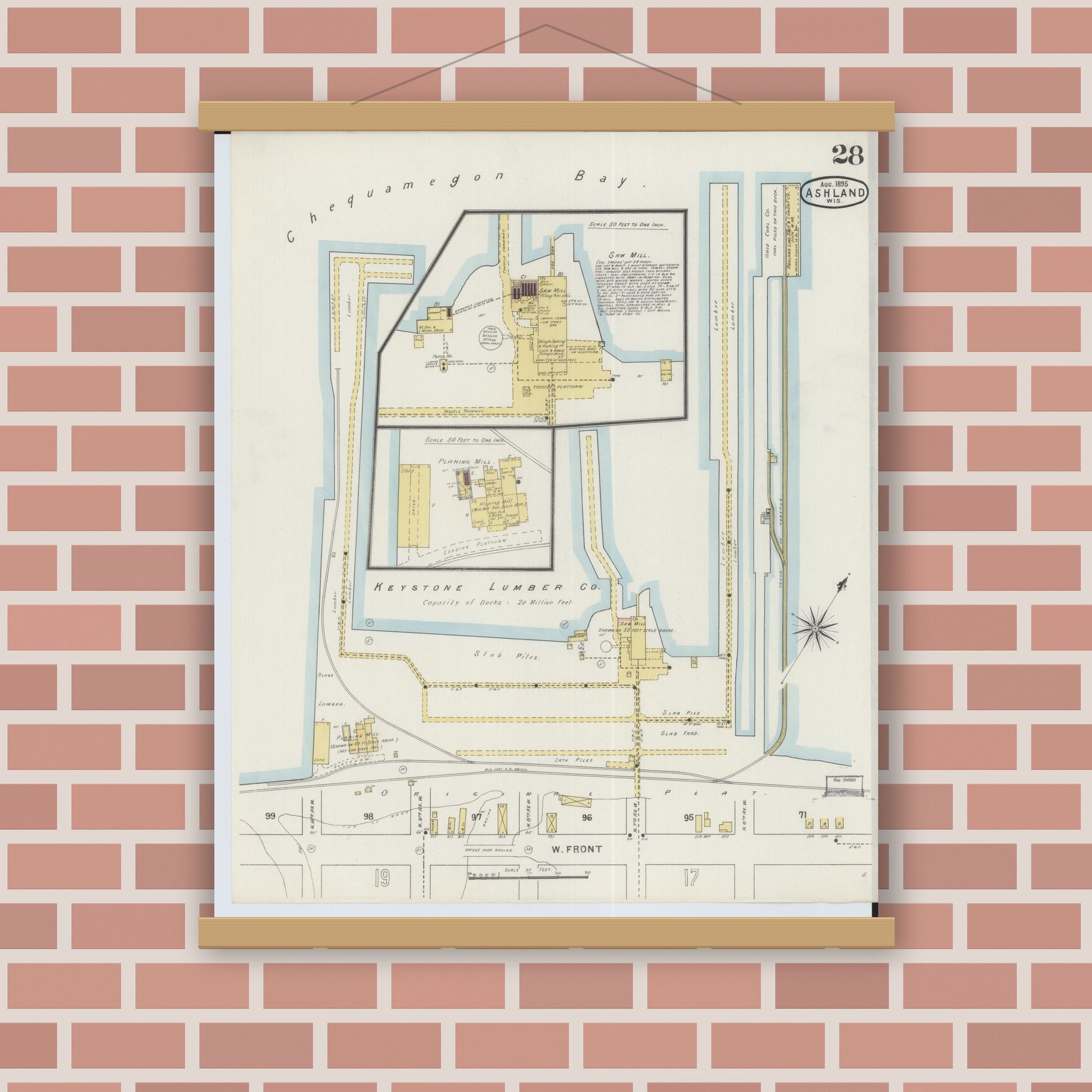 Old map wall art mockup — magnetic wood frame on brick wall — Sanborn Fire Insurance Map from Ashland, Ashland County, Wisconsin (1895), Sheet #0028