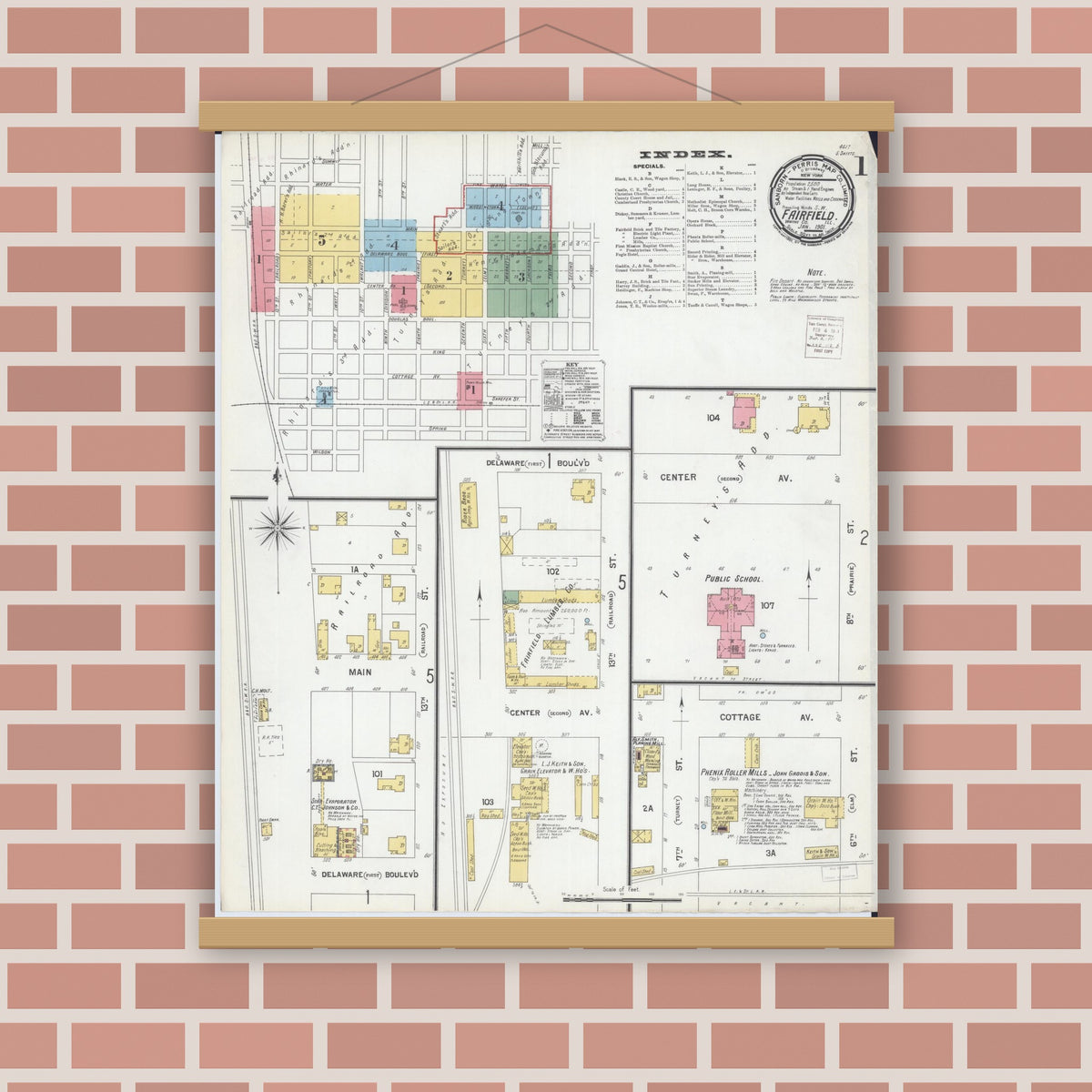 Old map wall art mockup — magnetic wood frame on brick wall — Sanborn Fire Insurance Map from Fairfield, Wayne County, Illinois (1901), Sheet #0001
