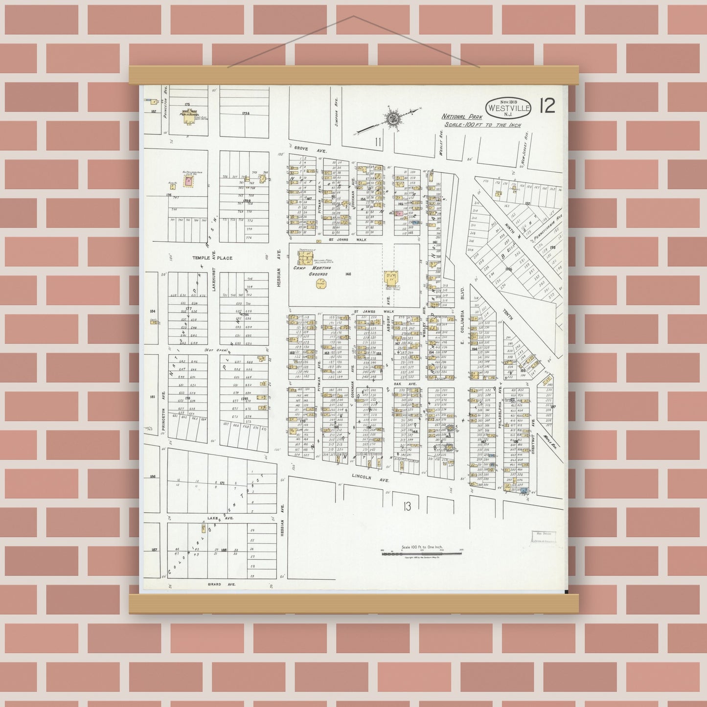 Old map wall art mockup — magnetic wood frame on brick wall — Sanborn Fire Insurance Map from Westville, Gloucester County, New Jersey (1919), Sheet #0012