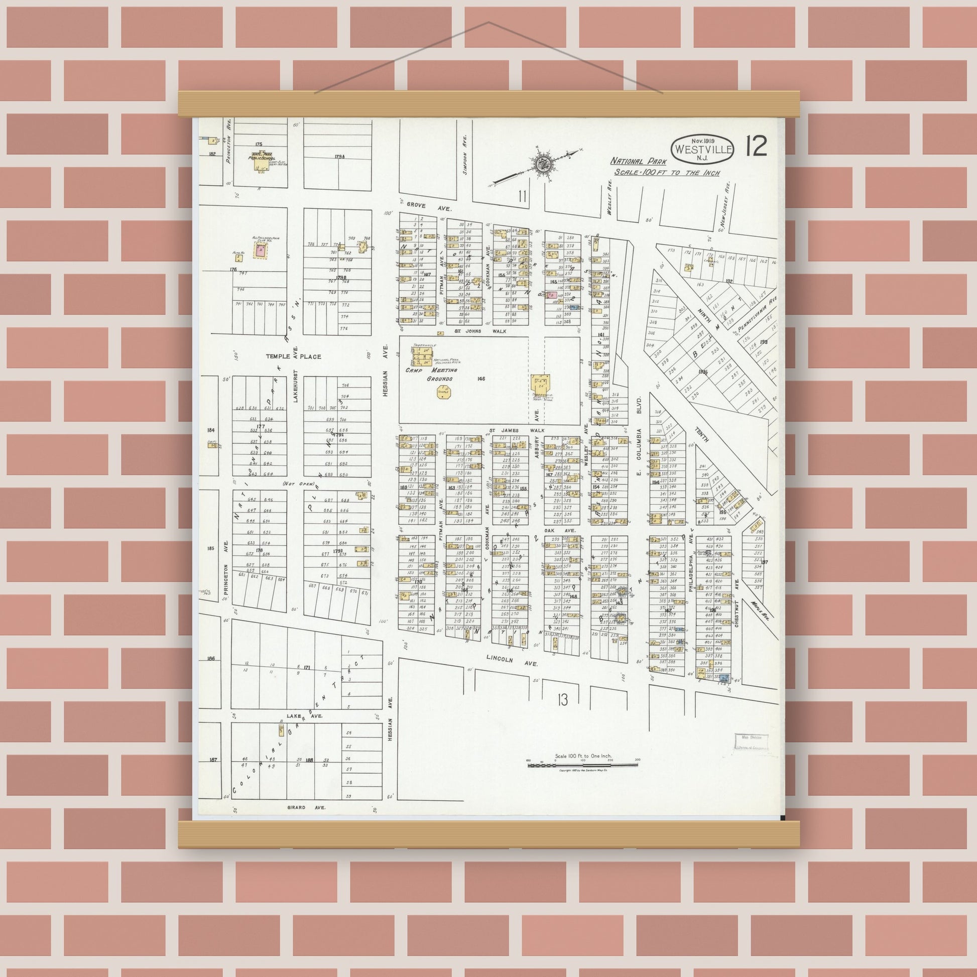 Old map wall art mockup — magnetic wood frame on brick wall — Sanborn Fire Insurance Map from Westville, Gloucester County, New Jersey (1919), Sheet #0012