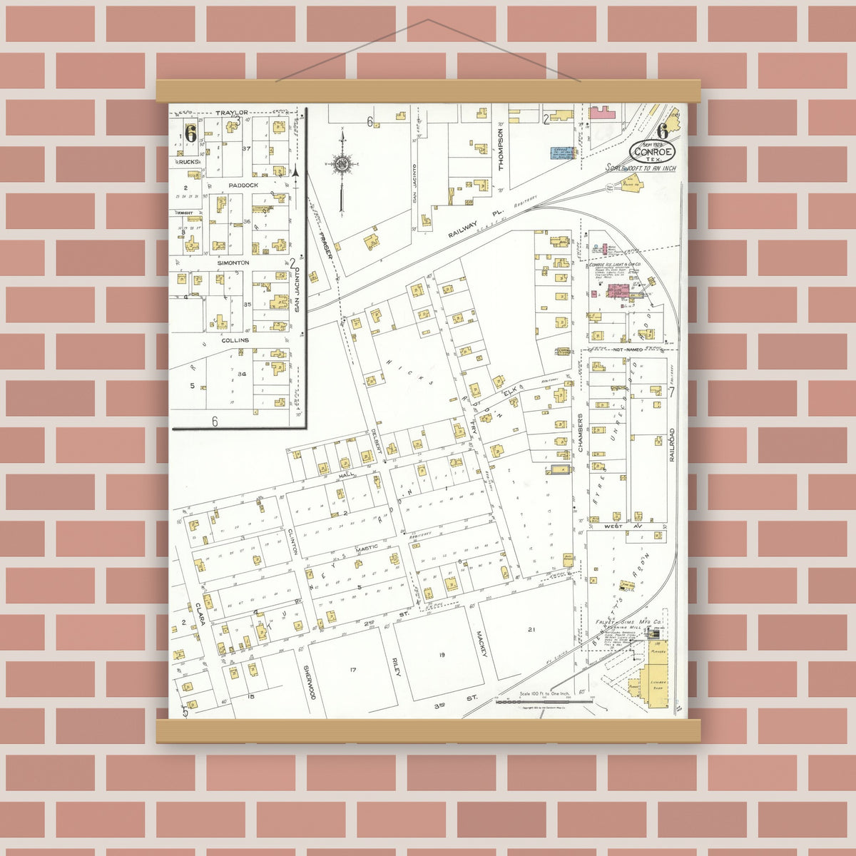 Old map wall art mockup — magnetic wood frame on brick wall — Sanborn Fire Insurance Map from Conroe, Montgomery County, Texas (1923), Sheet #0006