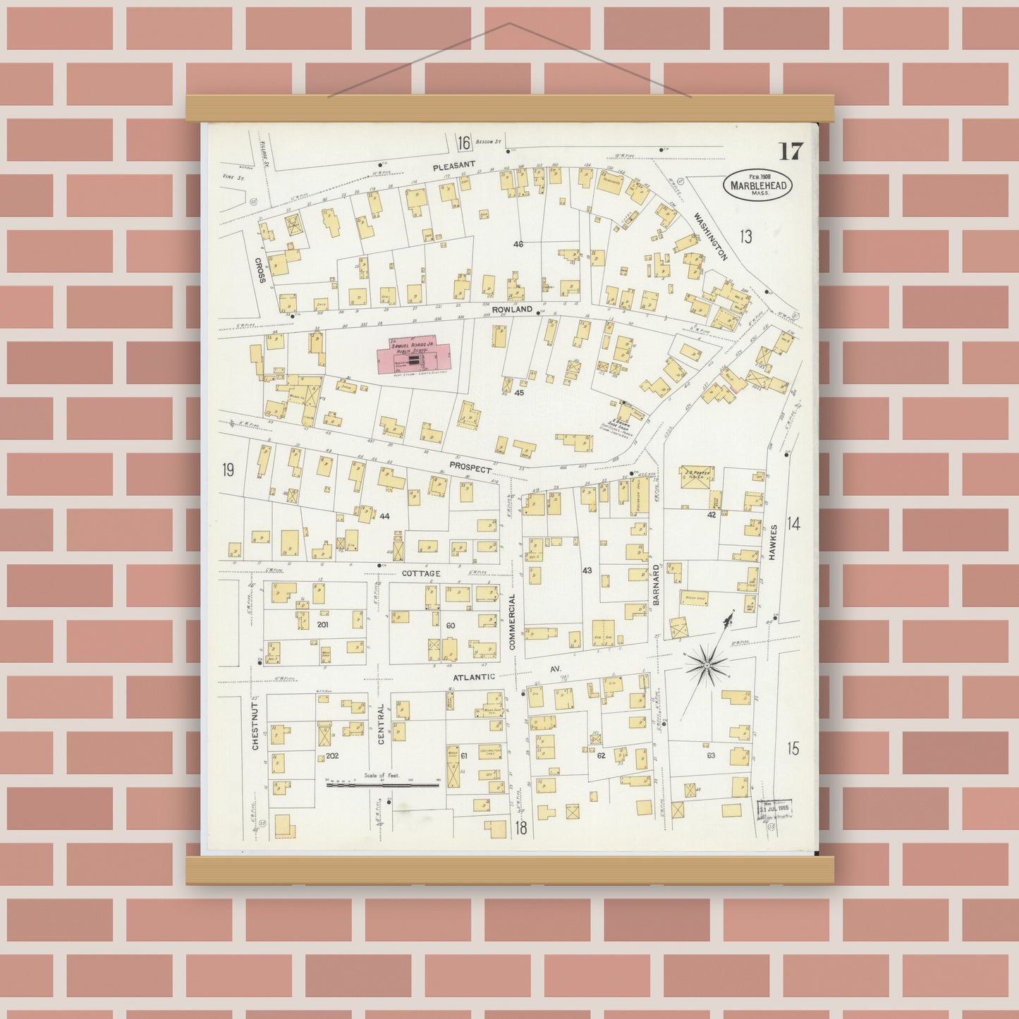 Old map wall art mockup — magnetic wood frame on brick wall — Sanborn Fire Insurance Map from Marblehead, Essex County, Massachusetts (1908), Sheet #0017
