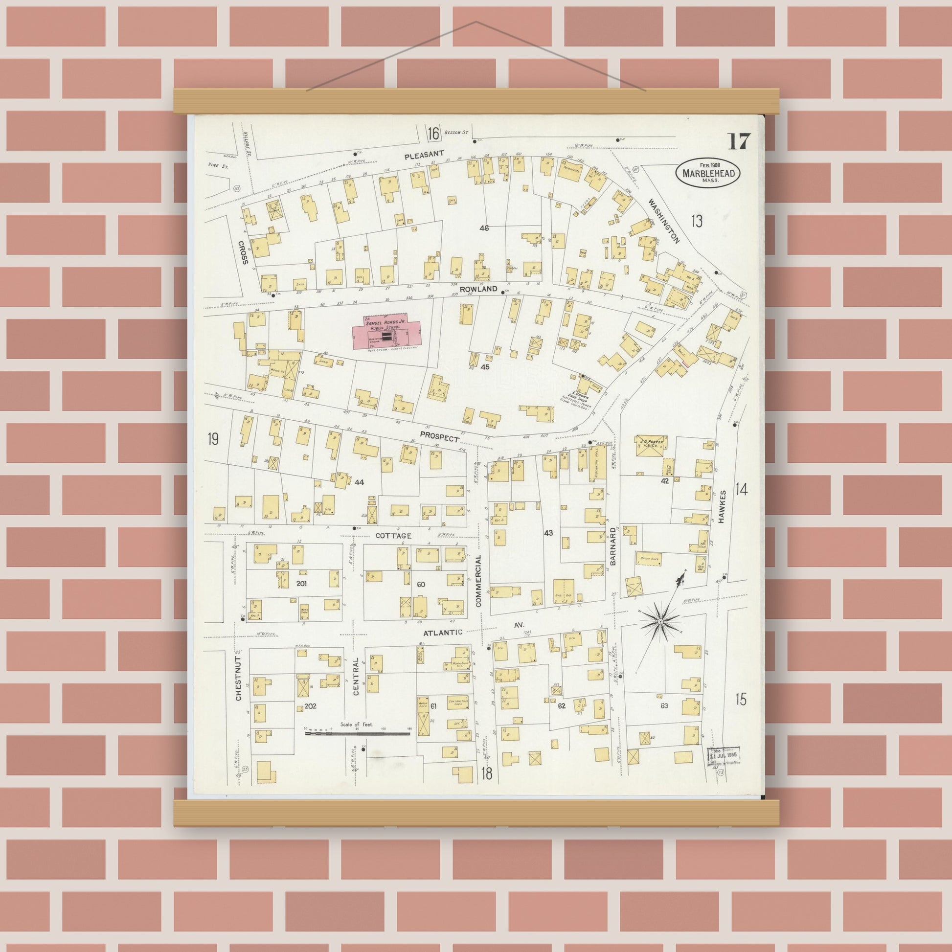 Old map wall art mockup — magnetic wood frame on brick wall — Sanborn Fire Insurance Map from Marblehead, Essex County, Massachusetts (1908), Sheet #0017