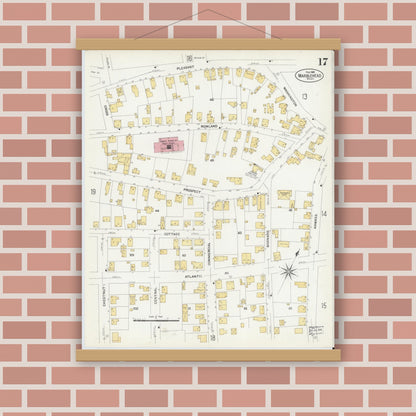 Old map wall art mockup — magnetic wood frame on brick wall — Sanborn Fire Insurance Map from Marblehead, Essex County, Massachusetts (1908), Sheet #0017
