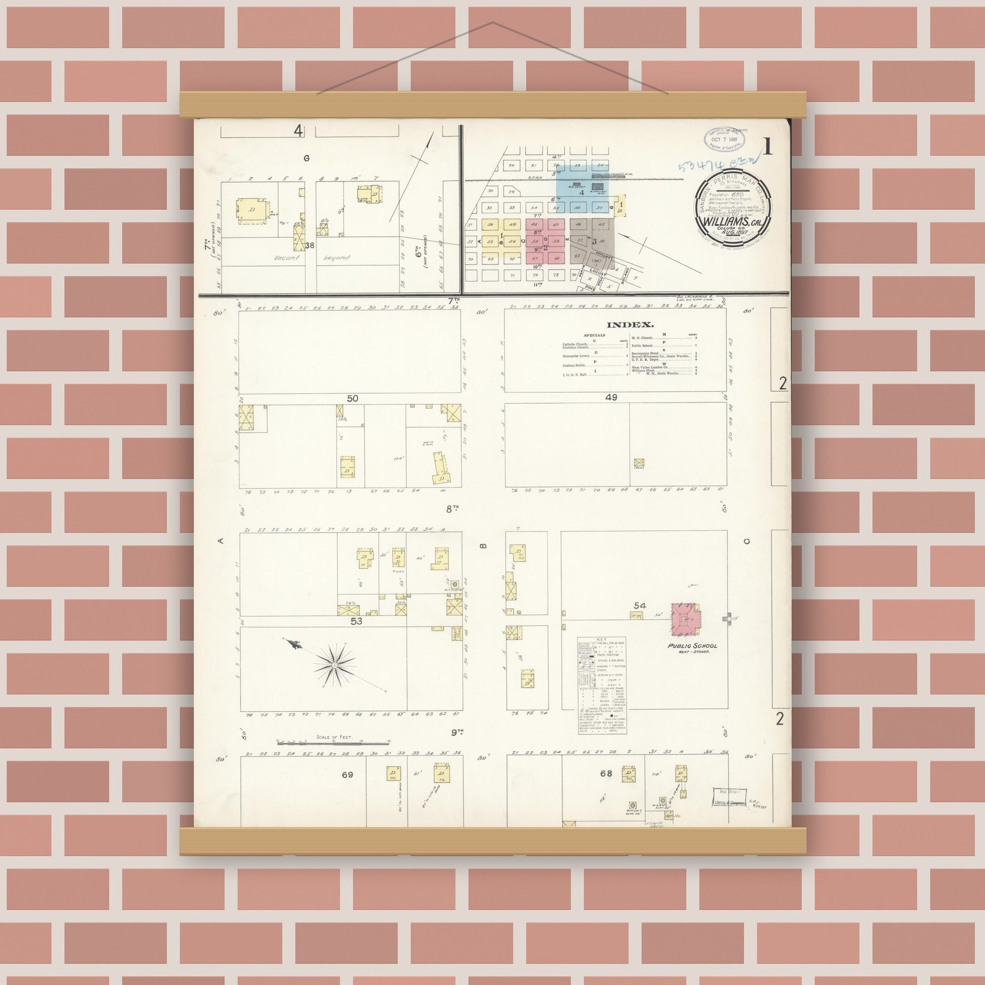 Old map wall art mockup — magnetic wood frame on brick wall — Sanborn Fire Insurance Map from Williams, Colusa County, California (1897) - Complete Map Set