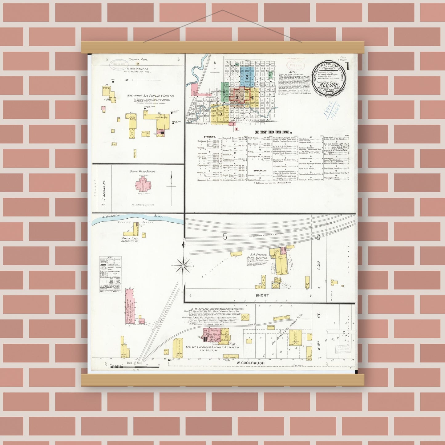 Old map wall art mockup — magnetic wood frame on brick wall — Sanborn Fire Insurance Map from Red Oak, Montgomery County, Iowa (1899), Sheet #0001