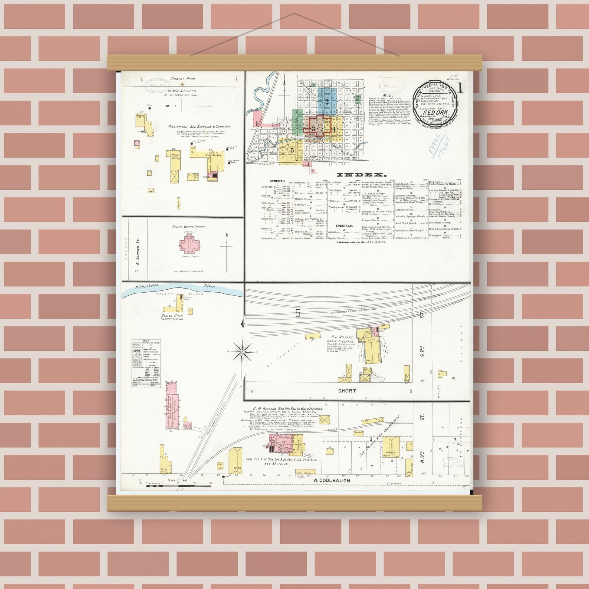 Old map wall art mockup — magnetic wood frame on brick wall — Sanborn Fire Insurance Map from Red Oak, Montgomery County, Iowa (1899), Sheet #0001