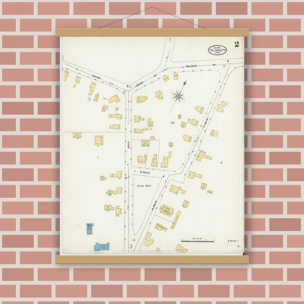 Old map wall art mockup — magnetic wood frame on brick wall — Sanborn Fire Insurance Map from Falmouth, Barnstable County, Massachusetts (1906), Sheet #0002