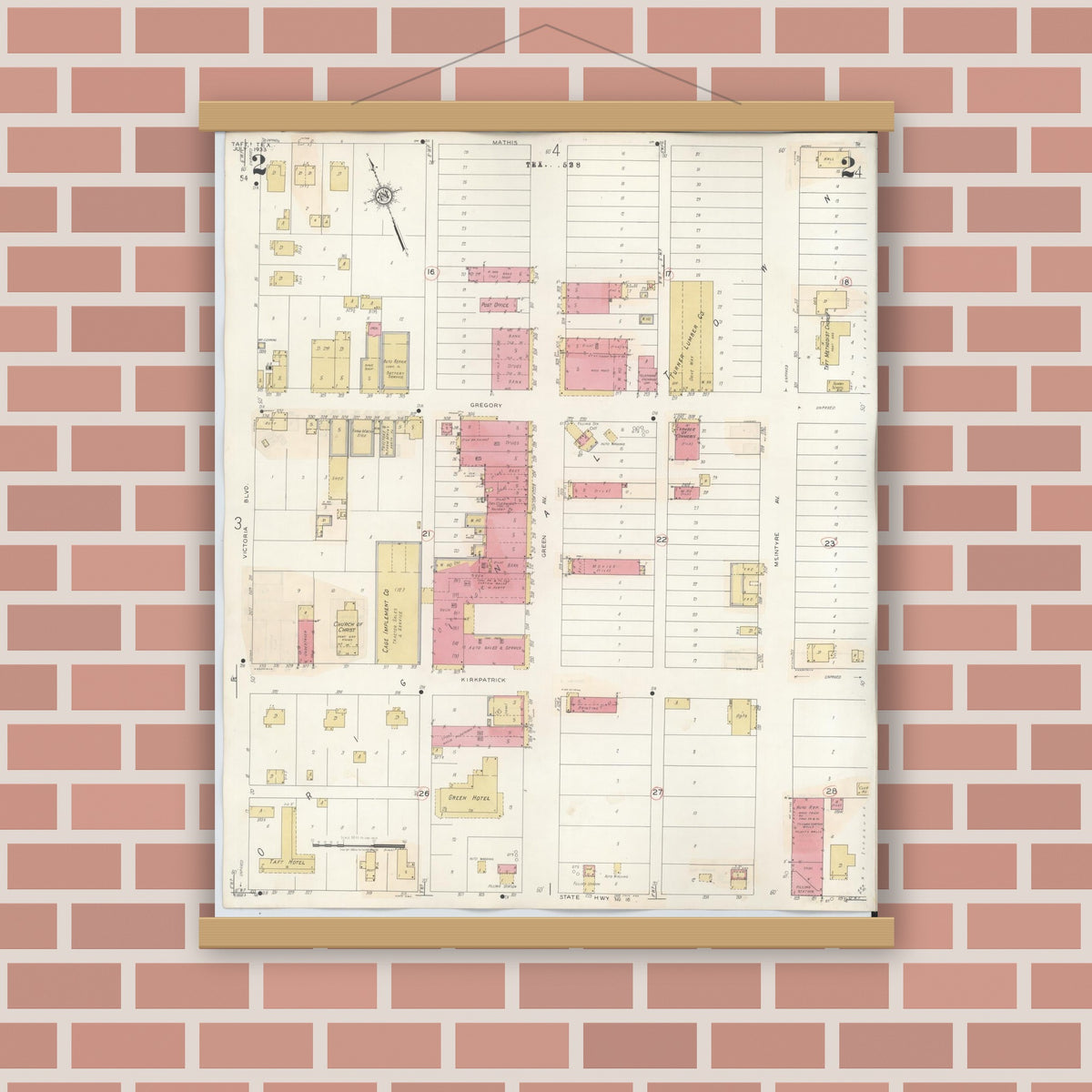 Old map wall art mockup — magnetic wood frame on brick wall — Sanborn Fire Insurance Map from Taft, San Patricio County, Texas (1942), Sheet #0002