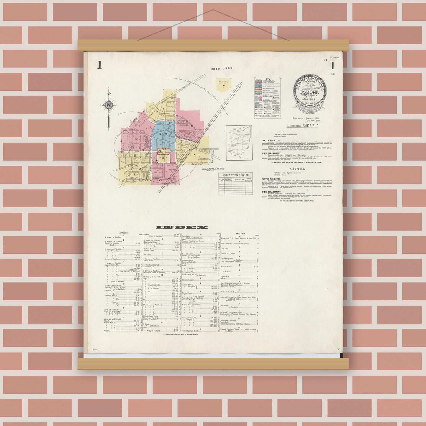 Old map wall art mockup — magnetic wood frame on brick wall — Sanborn Fire Insurance Map from Osborn, Greene County, Ohio (1943), Sheet #0001