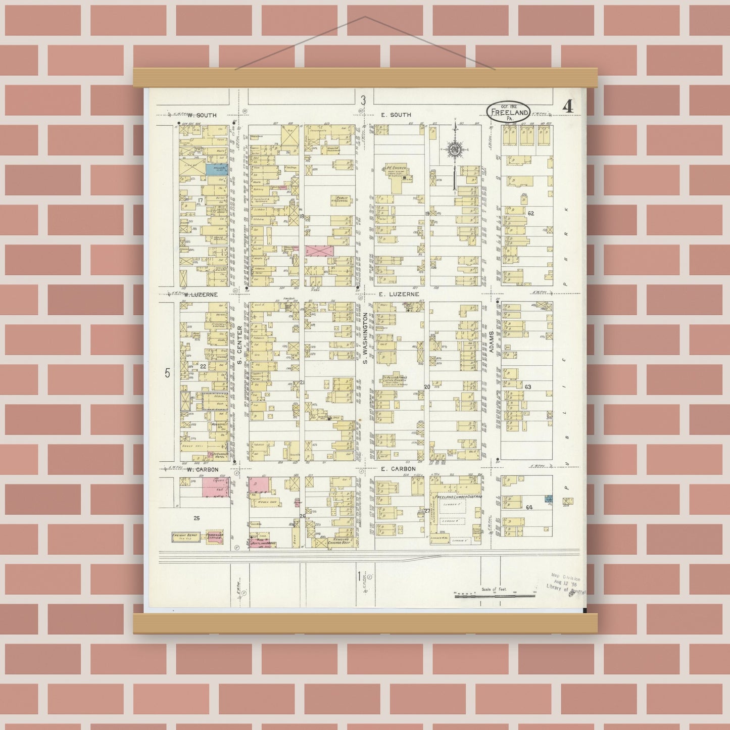 Old map wall art mockup — magnetic wood frame on brick wall — Sanborn Fire Insurance Map from Freeland, Luzerne County, Pennsylvania (1912), Sheet #0004