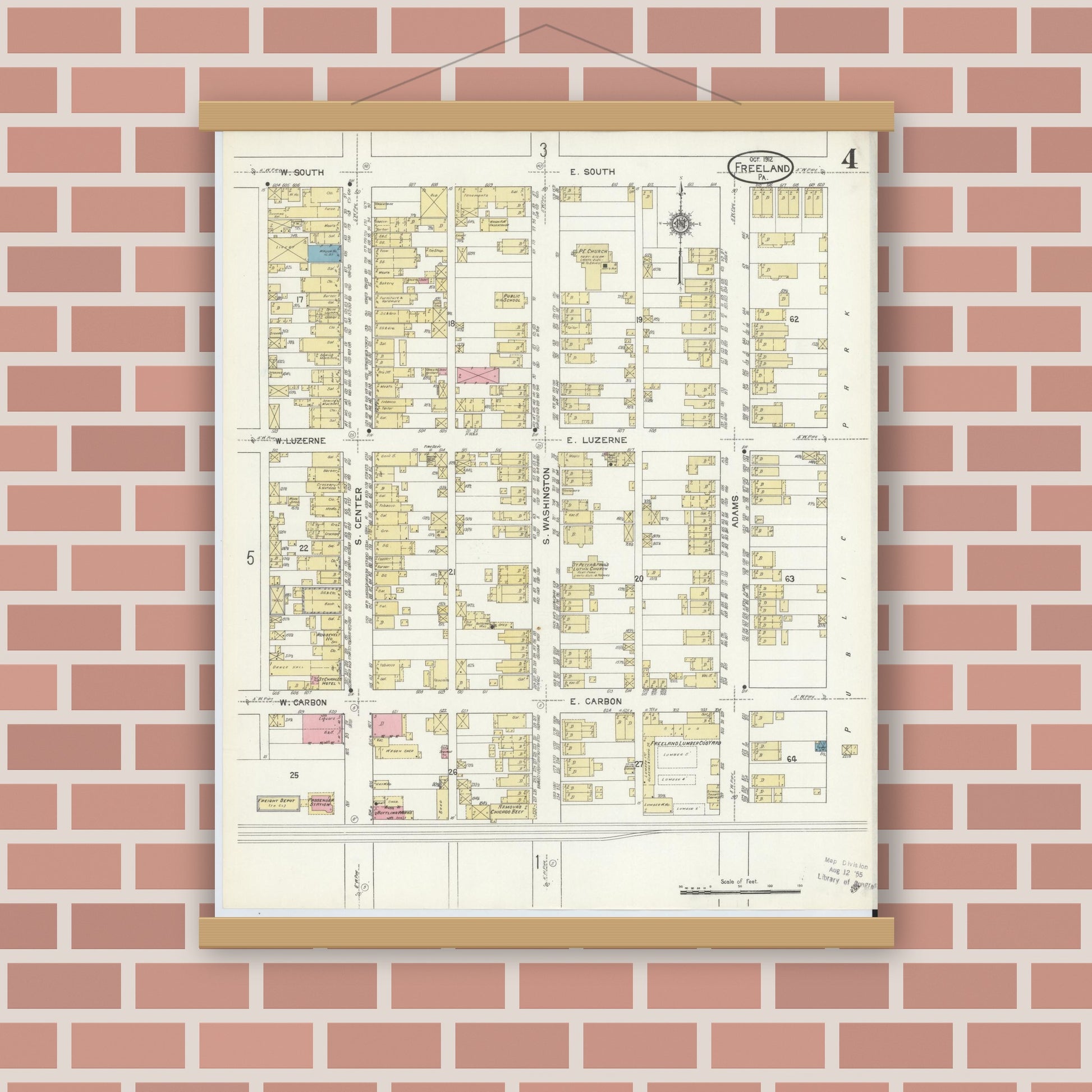 Old map wall art mockup — magnetic wood frame on brick wall — Sanborn Fire Insurance Map from Freeland, Luzerne County, Pennsylvania (1912), Sheet #0004