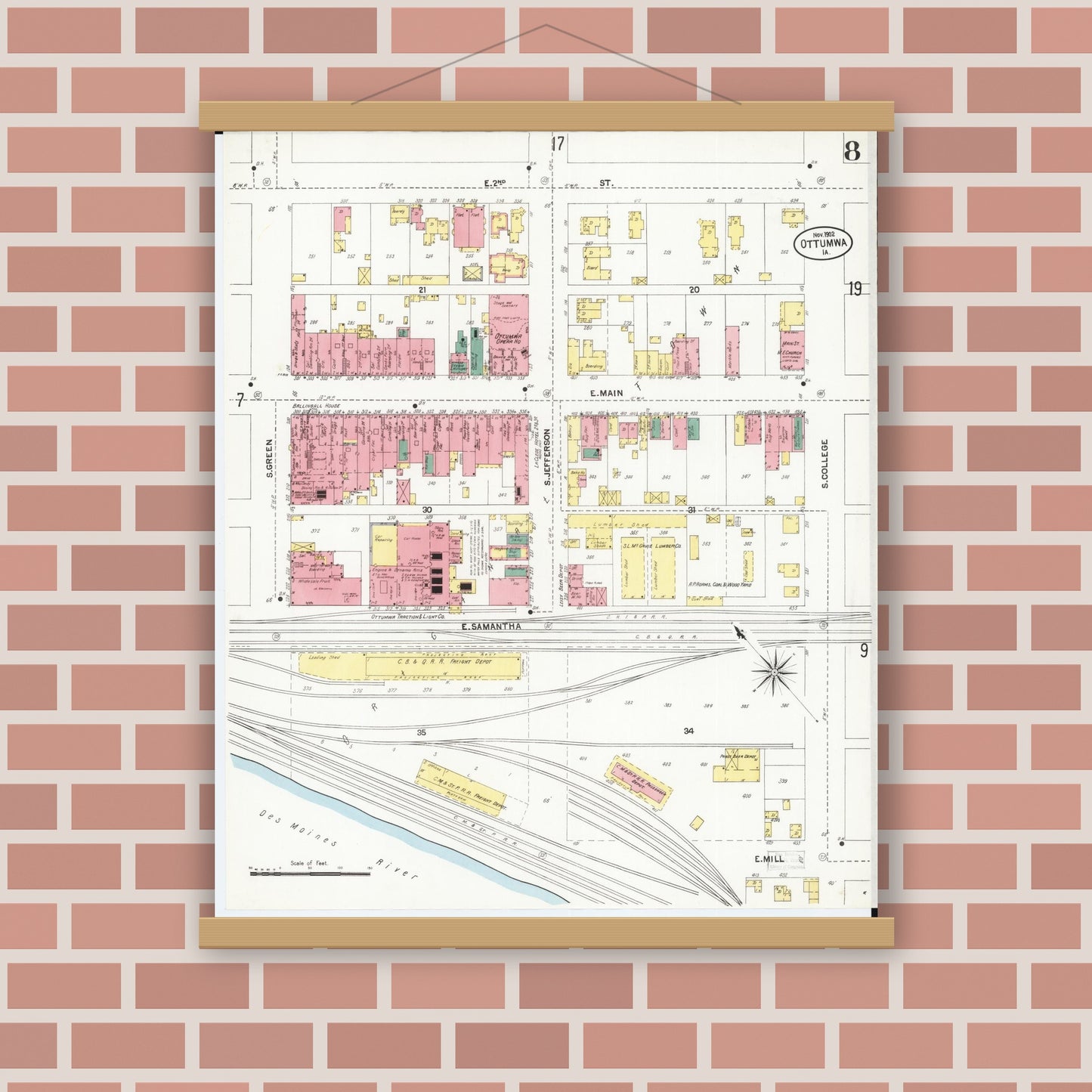 Old map wall art mockup — magnetic wood frame on brick wall — Sanborn Fire Insurance Map from Ottumwa, Wapello County, Iowa (1902), Sheet #0008