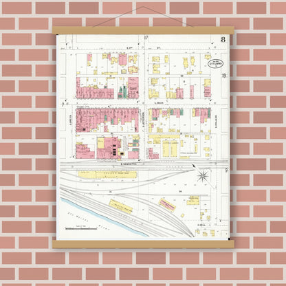 Old map wall art mockup — magnetic wood frame on brick wall — Sanborn Fire Insurance Map from Ottumwa, Wapello County, Iowa (1902), Sheet #0008