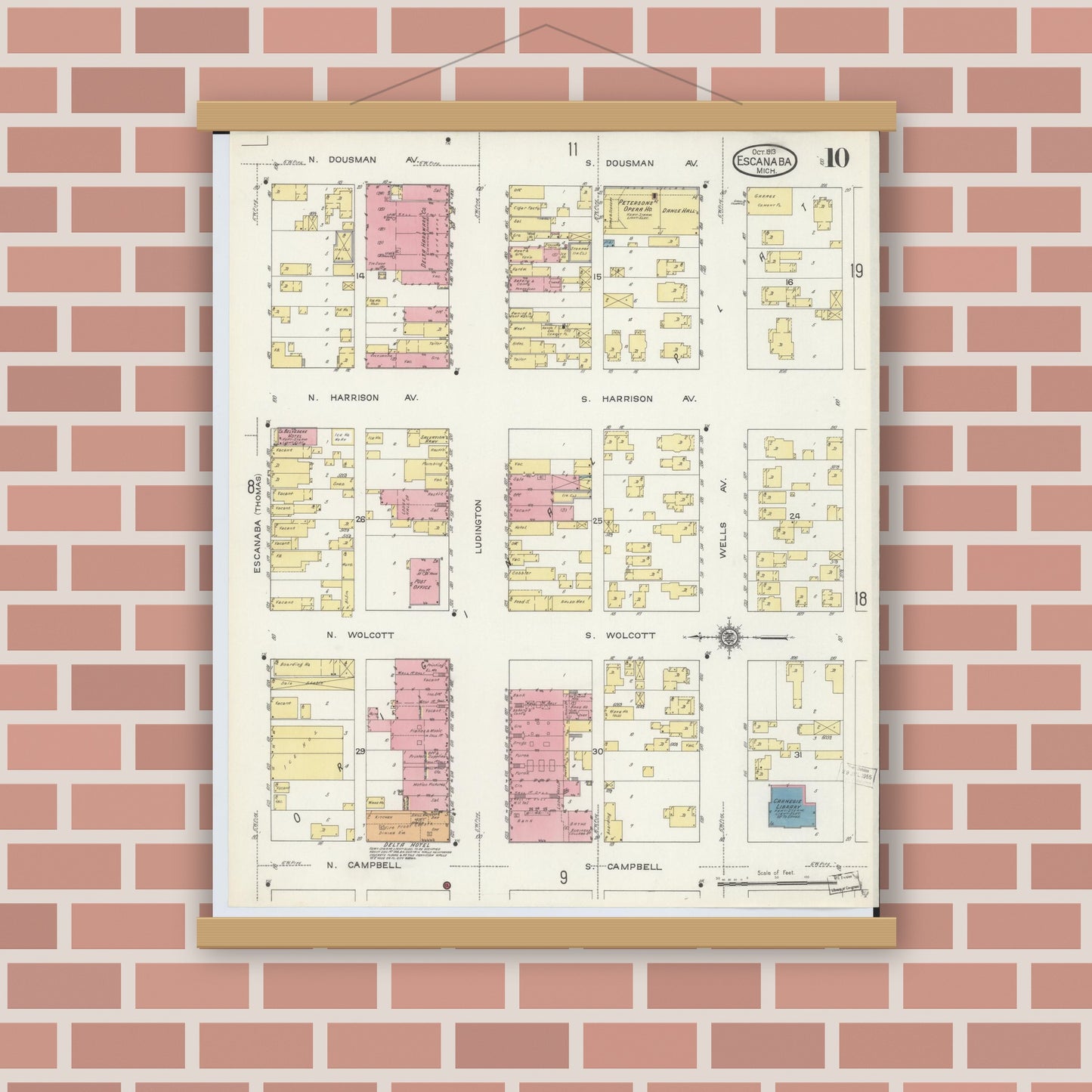 Old map wall art mockup — magnetic wood frame on brick wall — Sanborn Fire Insurance Map from Escanaba, Delta County, Michigan (1913), Sheet #0010
