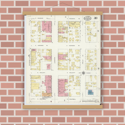 Old map wall art mockup — magnetic wood frame on brick wall — Sanborn Fire Insurance Map from Escanaba, Delta County, Michigan (1913), Sheet #0010
