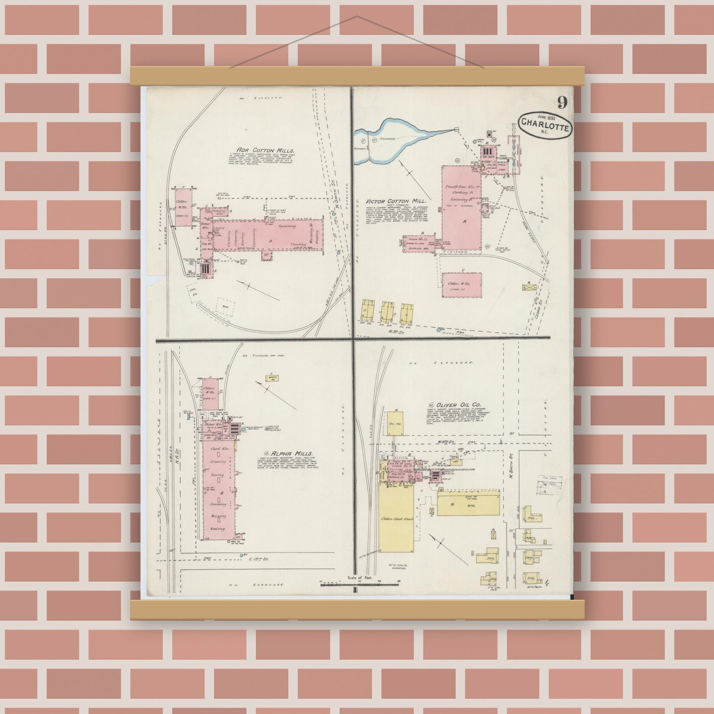 Old map wall art mockup — magnetic wood frame on brick wall — Sanborn Fire Insurance Map from Charlotte, Mecklenburg County, North Carolina (1890), Sheet #0009