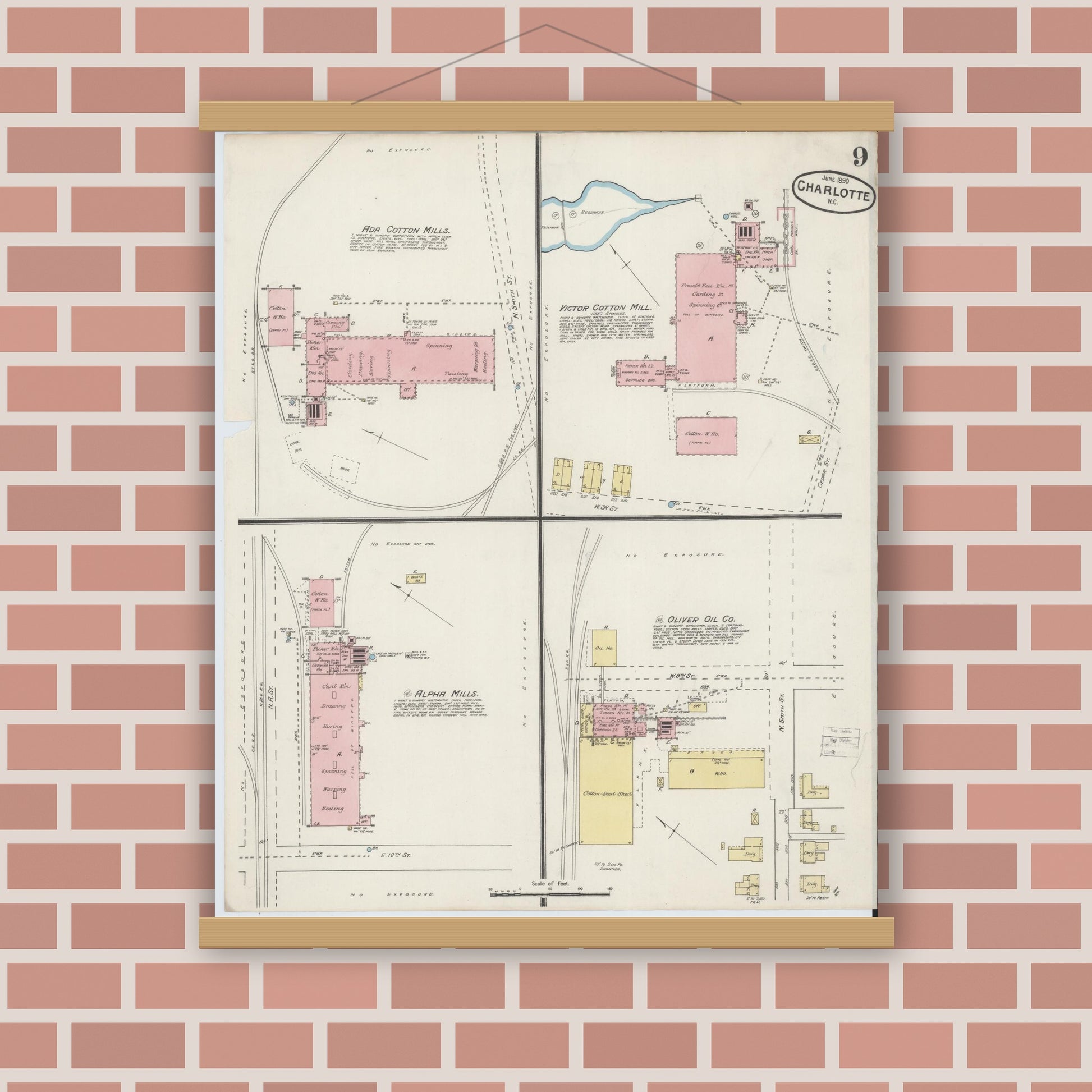 Old map wall art mockup — magnetic wood frame on brick wall — Sanborn Fire Insurance Map from Charlotte, Mecklenburg County, North Carolina (1890), Sheet #0009