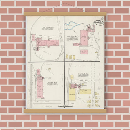Old map wall art mockup — magnetic wood frame on brick wall — Sanborn Fire Insurance Map from Charlotte, Mecklenburg County, North Carolina (1890), Sheet #0009