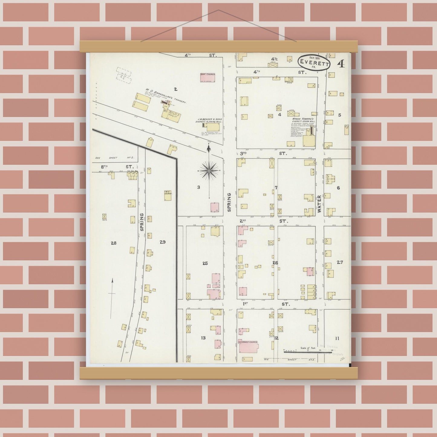 Old map wall art mockup — magnetic wood frame on brick wall — Sanborn Fire Insurance Map from Everett, Bedford County, Pennsylvania (1891), Sheet #0004