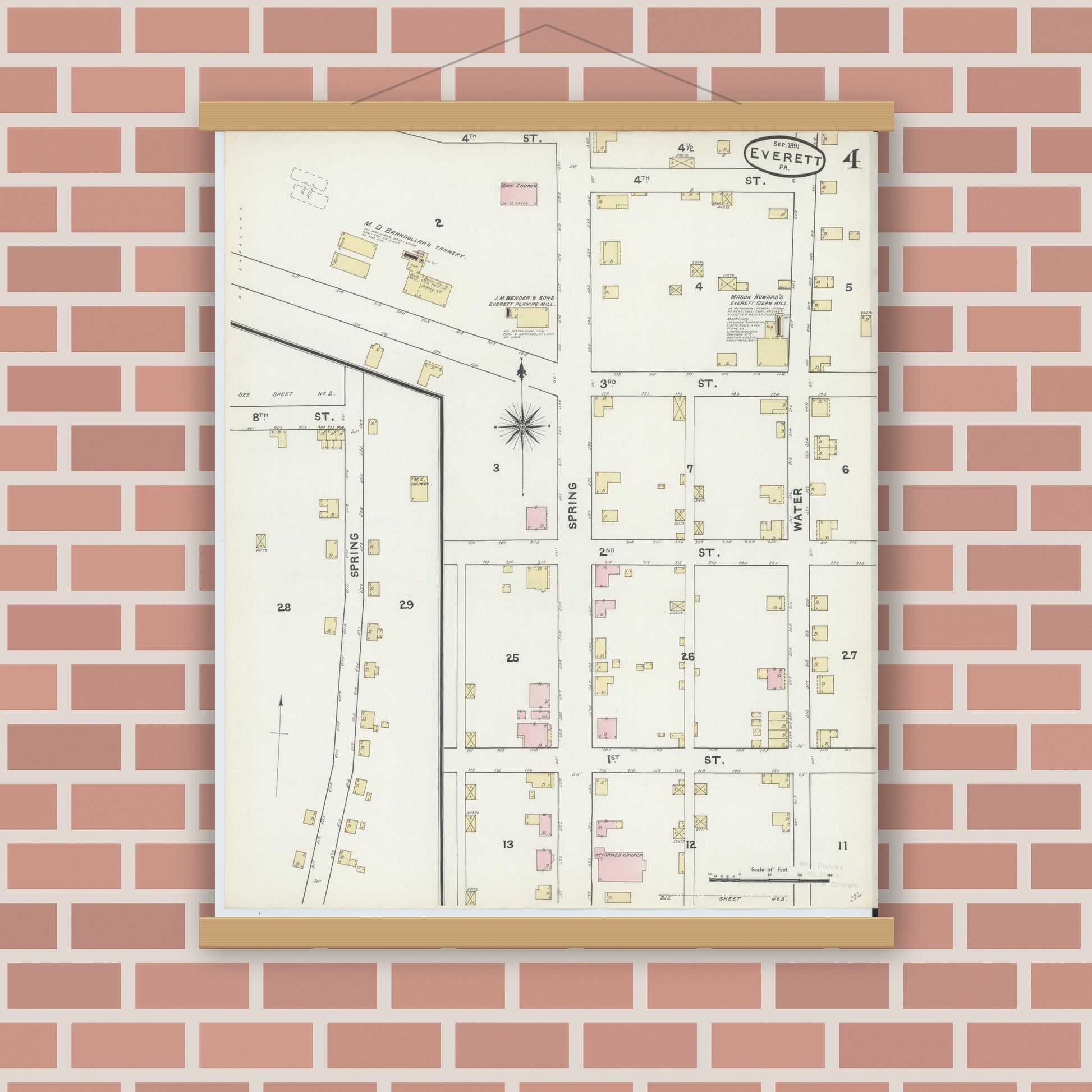 Old map wall art mockup — magnetic wood frame on brick wall — Sanborn Fire Insurance Map from Everett, Bedford County, Pennsylvania (1891), Sheet #0004