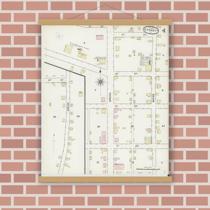 Old map wall art mockup — magnetic wood frame on brick wall — Sanborn Fire Insurance Map from Everett, Bedford County, Pennsylvania (1891), Sheet #0004