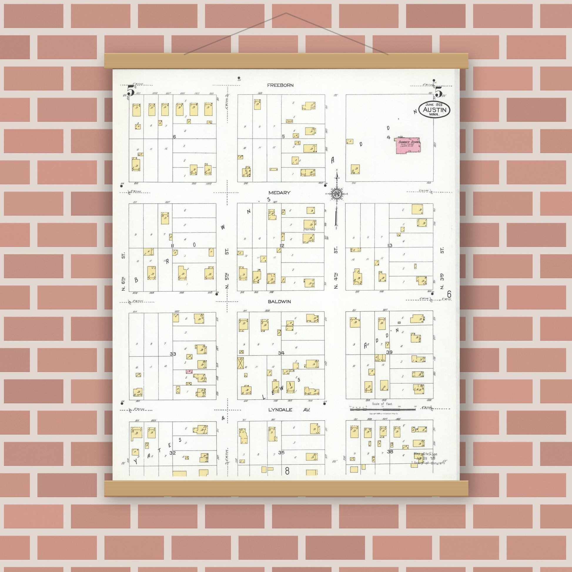 Old map wall art mockup — magnetic wood frame on brick wall — Sanborn Fire Insurance Map from Austin, Mower County, Minnesota (1926), Sheet #0005