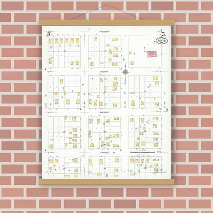 Old map wall art mockup — magnetic wood frame on brick wall — Sanborn Fire Insurance Map from Austin, Mower County, Minnesota (1926), Sheet #0005